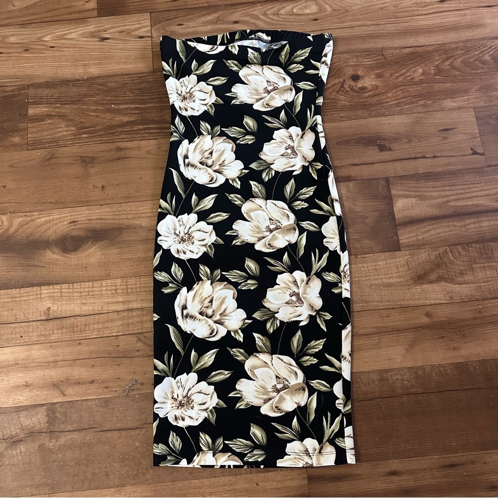 Black Floral Strapless Midi Dress Cream Flower Print Bodycon Tube Dress - Picture 2 of 3